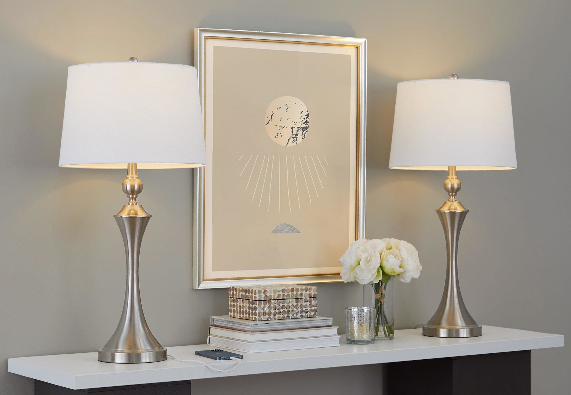 Flint 30" Metal Table Lamp With Usb - Set of 2 - Brushed Nickel, White Textured Slub Linen