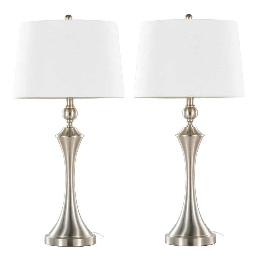 Flint 30" Metal Table Lamp With Usb - Set of 2 - Brushed Nickel, White Textured Slub Linen