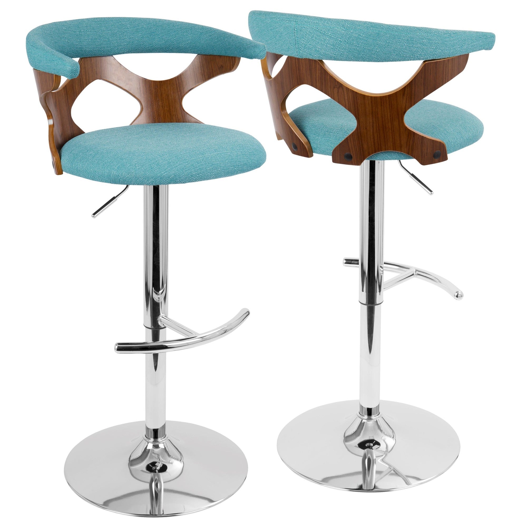 Gardenia Adjustable Barstool - Chrome Metal, Walnut Wood, Teal Fabric