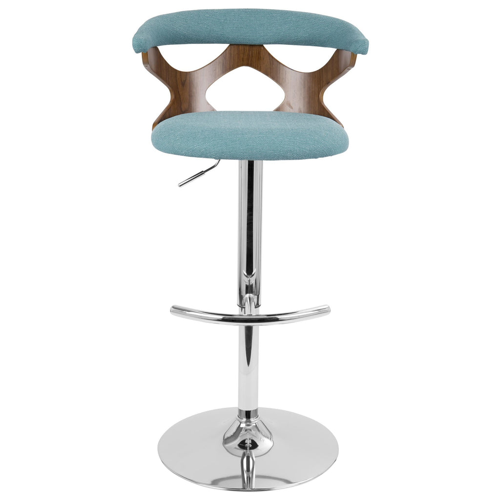 Gardenia Adjustable Barstool - Chrome Metal, Walnut Wood, Teal Fabric