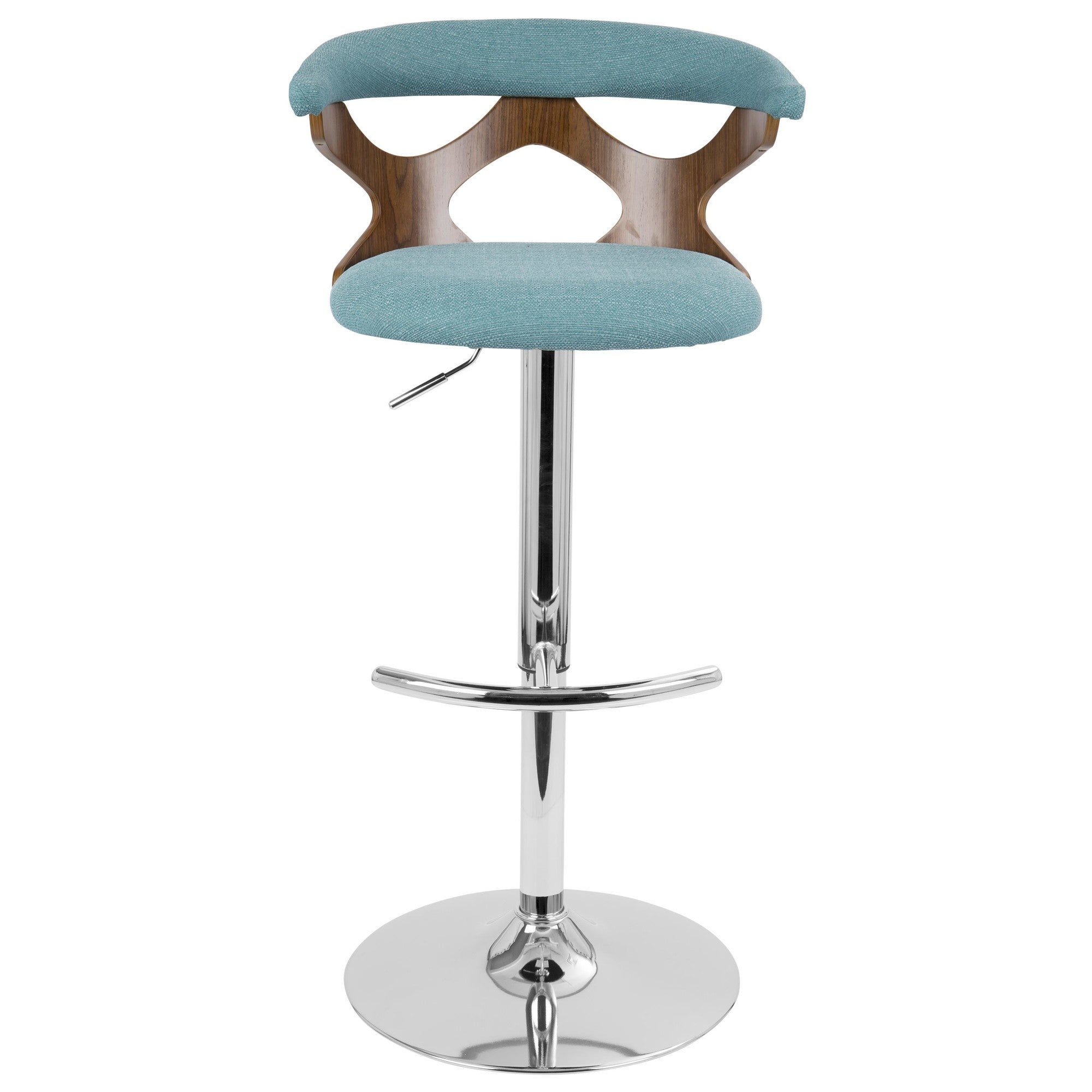 Gardenia Adjustable Barstool - Chrome Metal, Walnut Wood, Teal Fabric