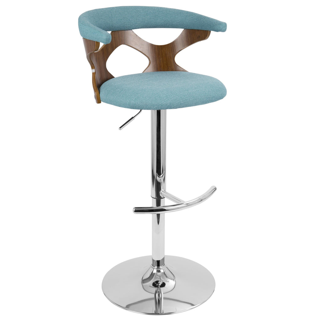 Gardenia Adjustable Barstool - Chrome Metal, Walnut Wood, Teal Fabric