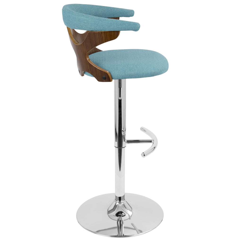Gardenia Adjustable Barstool - Chrome Metal, Walnut Wood, Teal Fabric