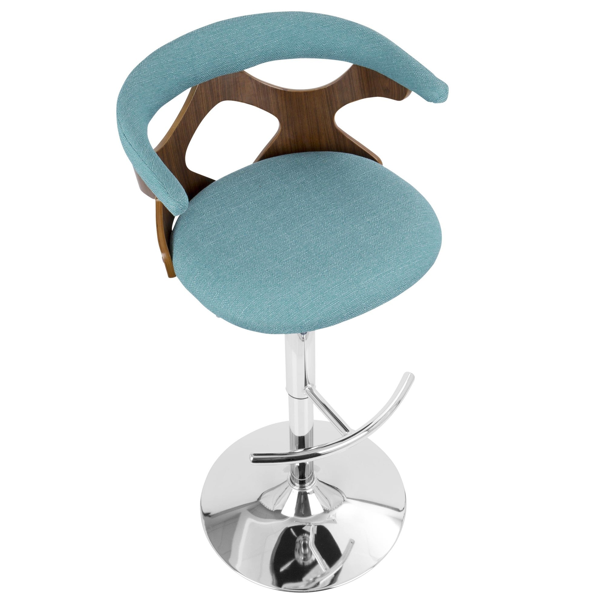 Gardenia Adjustable Barstool - Chrome Metal, Walnut Wood, Teal Fabric