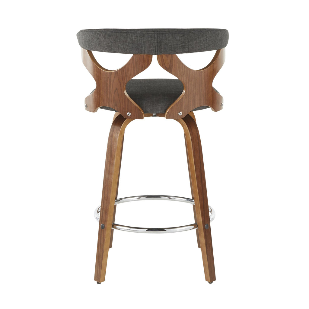 Gardenia 26" Fixed-Height Counter Stool - Set of 2 - Walnut Wood, Charcoal Fabric, Chrome