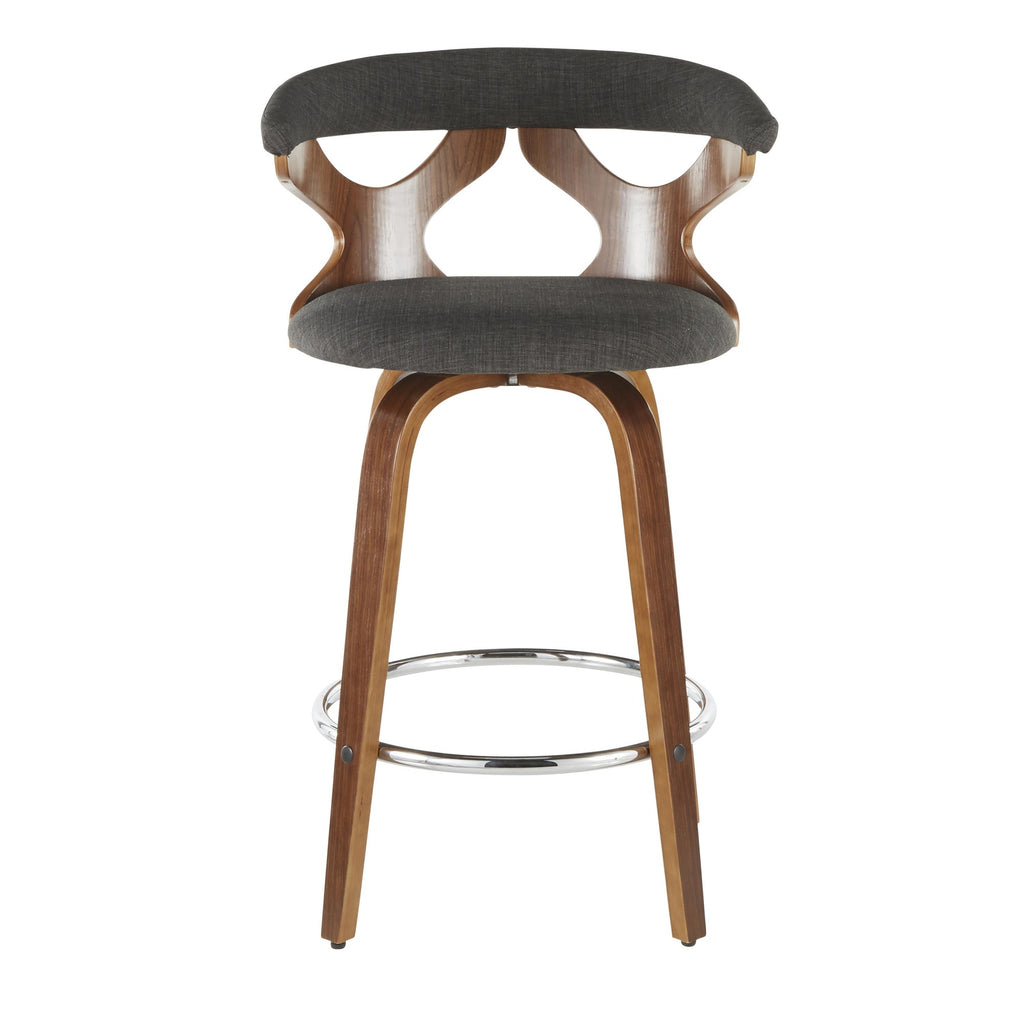 Gardenia 26" Fixed-Height Counter Stool - Set of 2 - Walnut Wood, Charcoal Fabric, Chrome