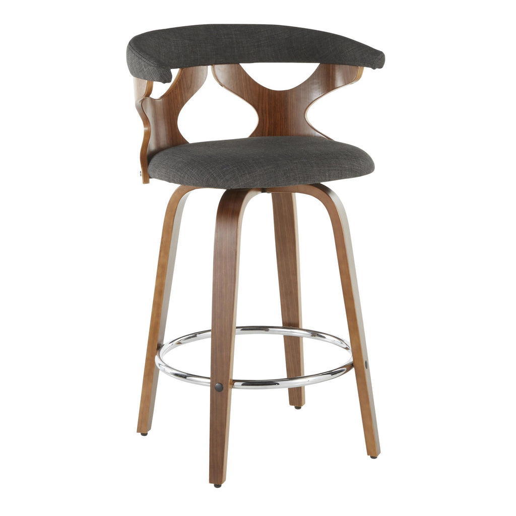 Gardenia 26" Fixed-Height Counter Stool - Set of 2 - Walnut Wood, Charcoal Fabric, Chrome