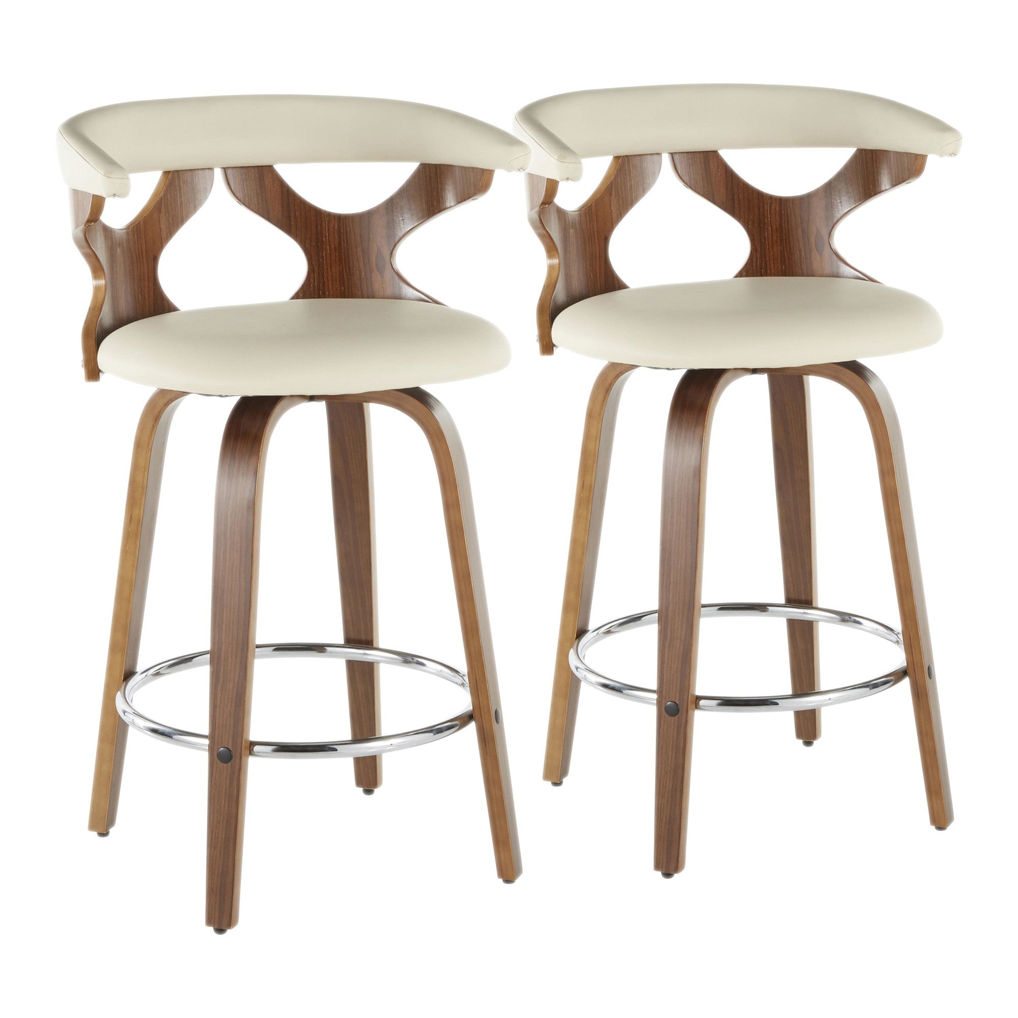 Gardenia 26" Fixed-Height Counter Stool - Set of 2 - Walnut Wood, Cream PU, Chrome