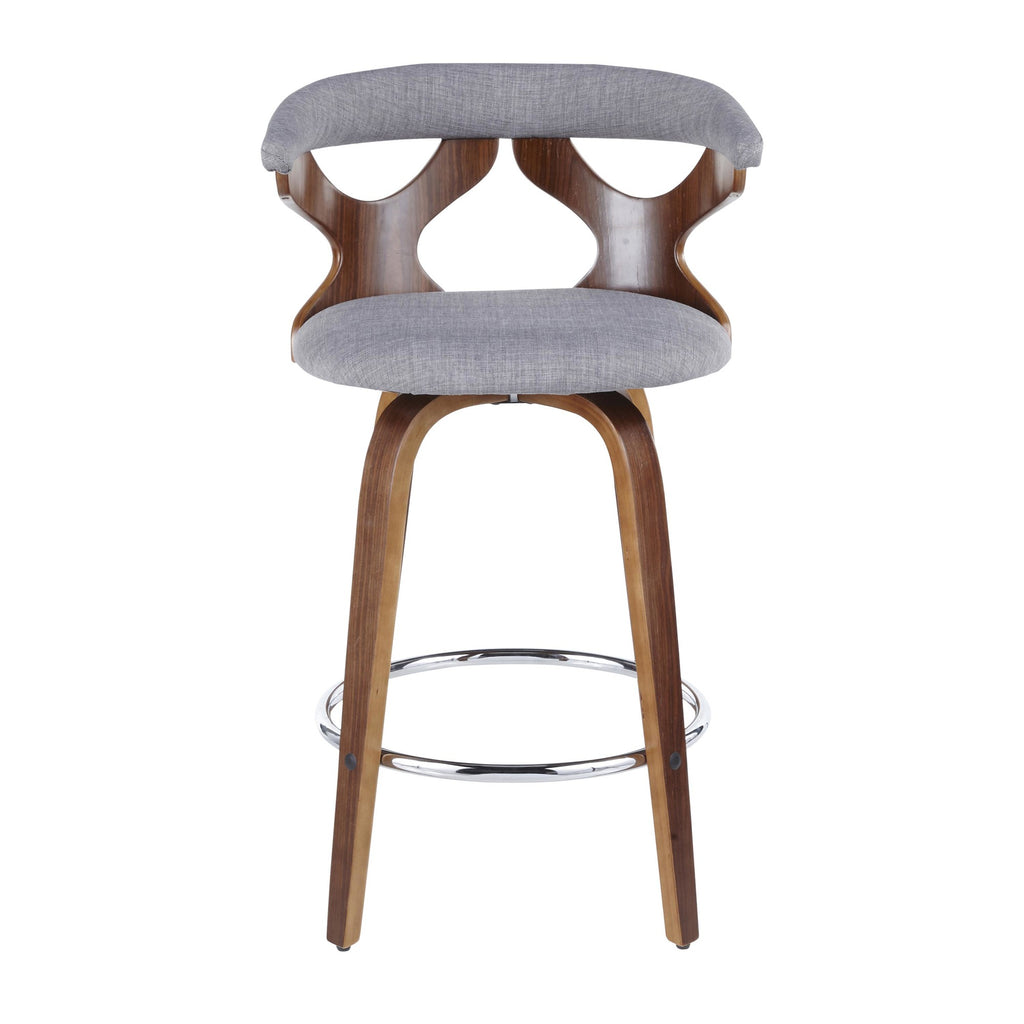 Gardenia 26" Fixed-Height Counter Stool - Set of 2 - Walnut Wood, Light Grey Fabric, Chrome