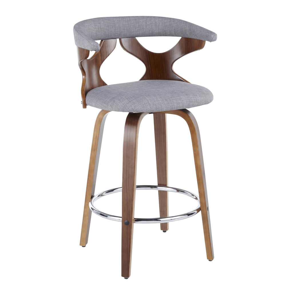 Gardenia 26" Fixed-Height Counter Stool - Set of 2 - Walnut Wood, Light Grey Fabric, Chrome