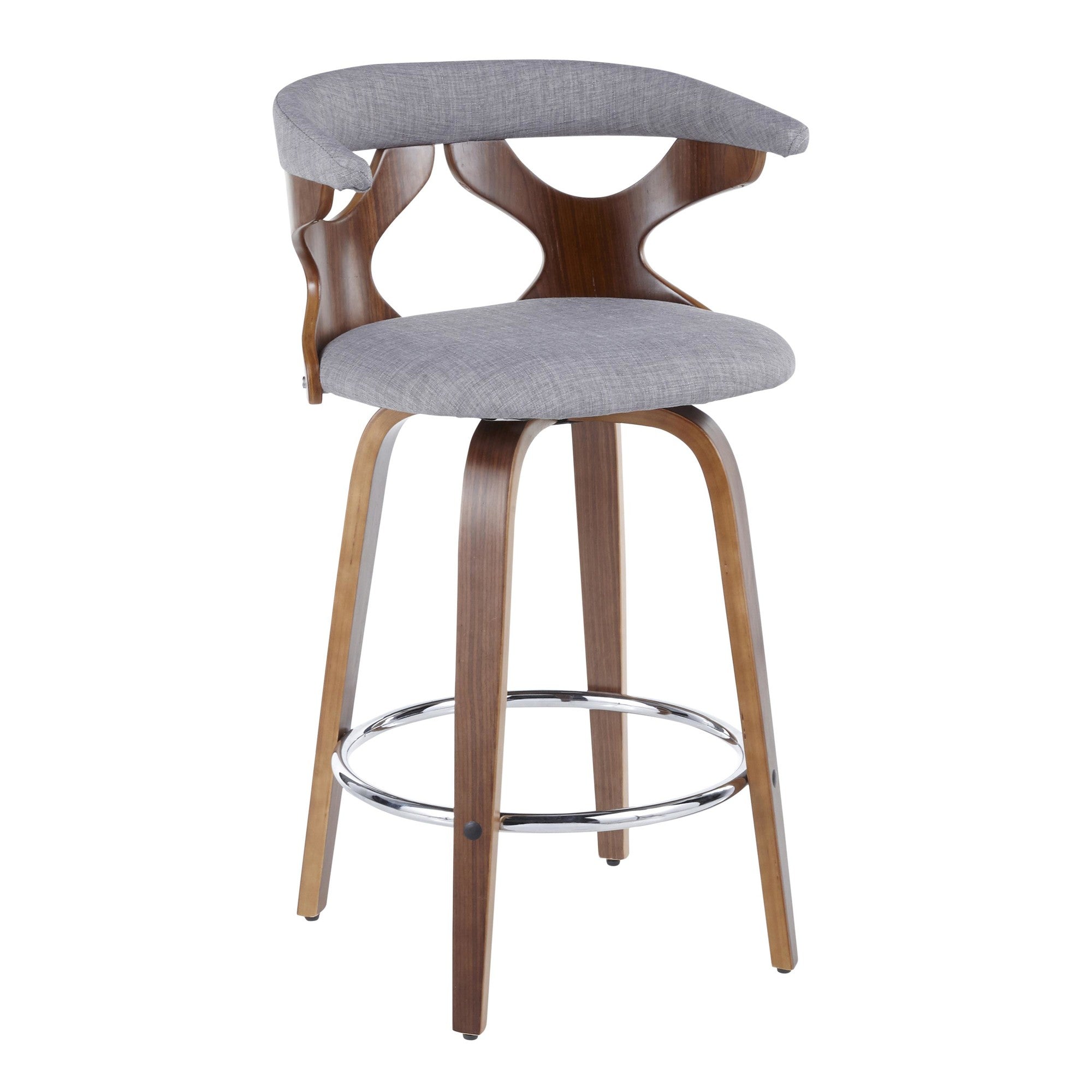 Gardenia 26" Fixed-Height Counter Stool - Set of 2 - Walnut Wood, Light Grey Fabric, Chrome