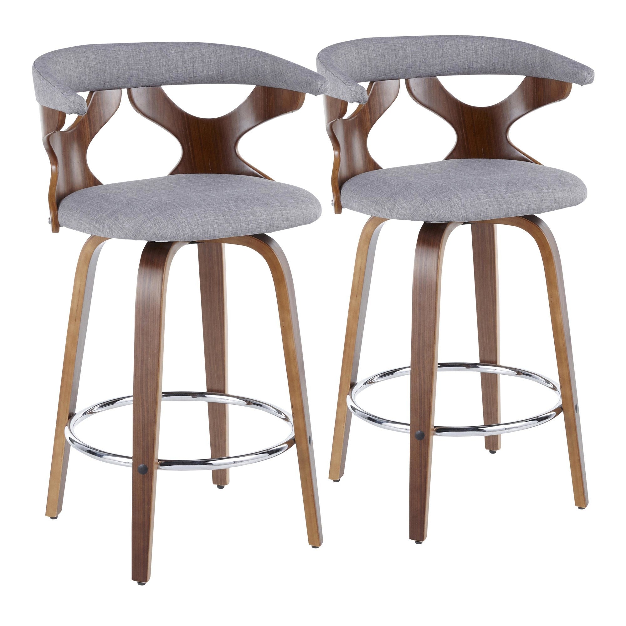 Gardenia 26" Fixed-Height Counter Stool - Set of 2 - Walnut Wood, Light Grey Fabric, Chrome