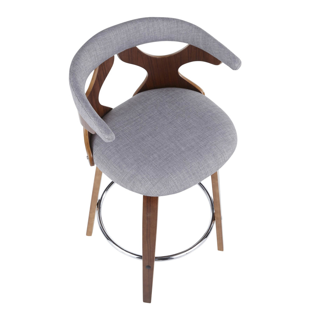 Gardenia 26" Fixed-Height Counter Stool - Set of 2 - Walnut Wood, Light Grey Fabric, Chrome