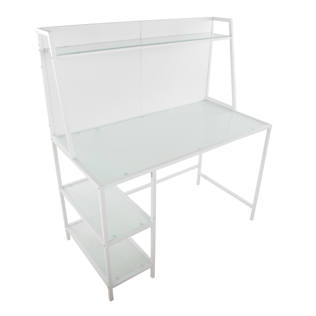Geo Tier Desk - White Metal, Frosted Glass