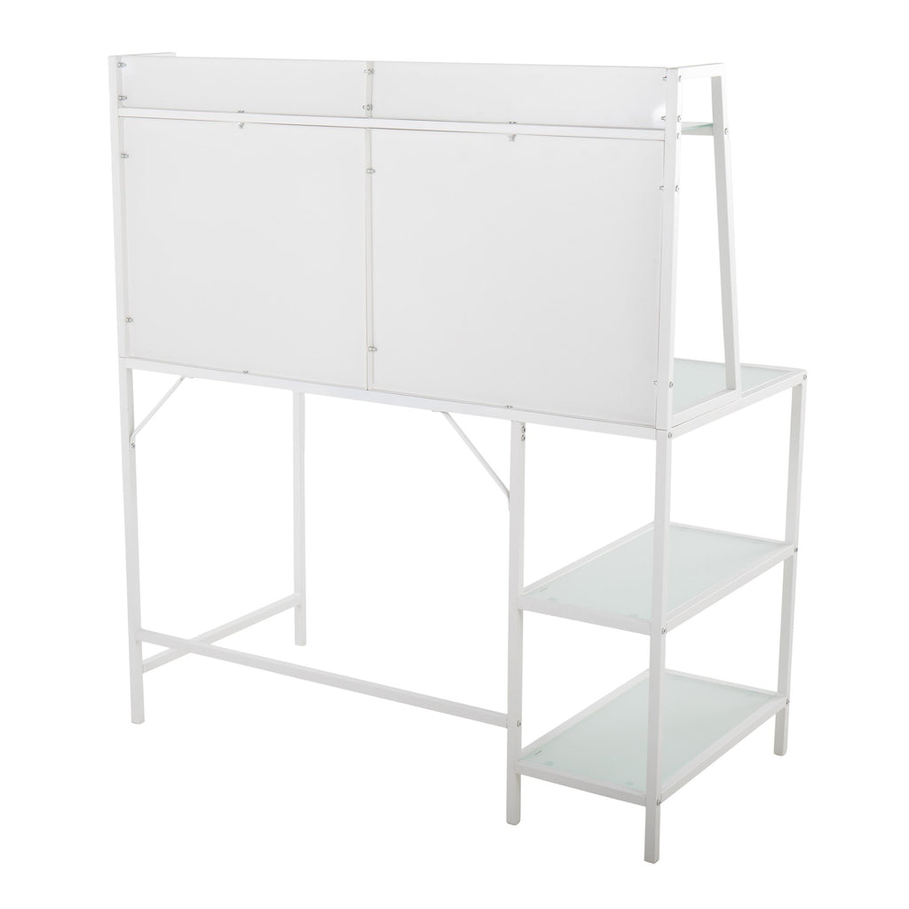 Geo Tier Desk - White Metal, Frosted Glass