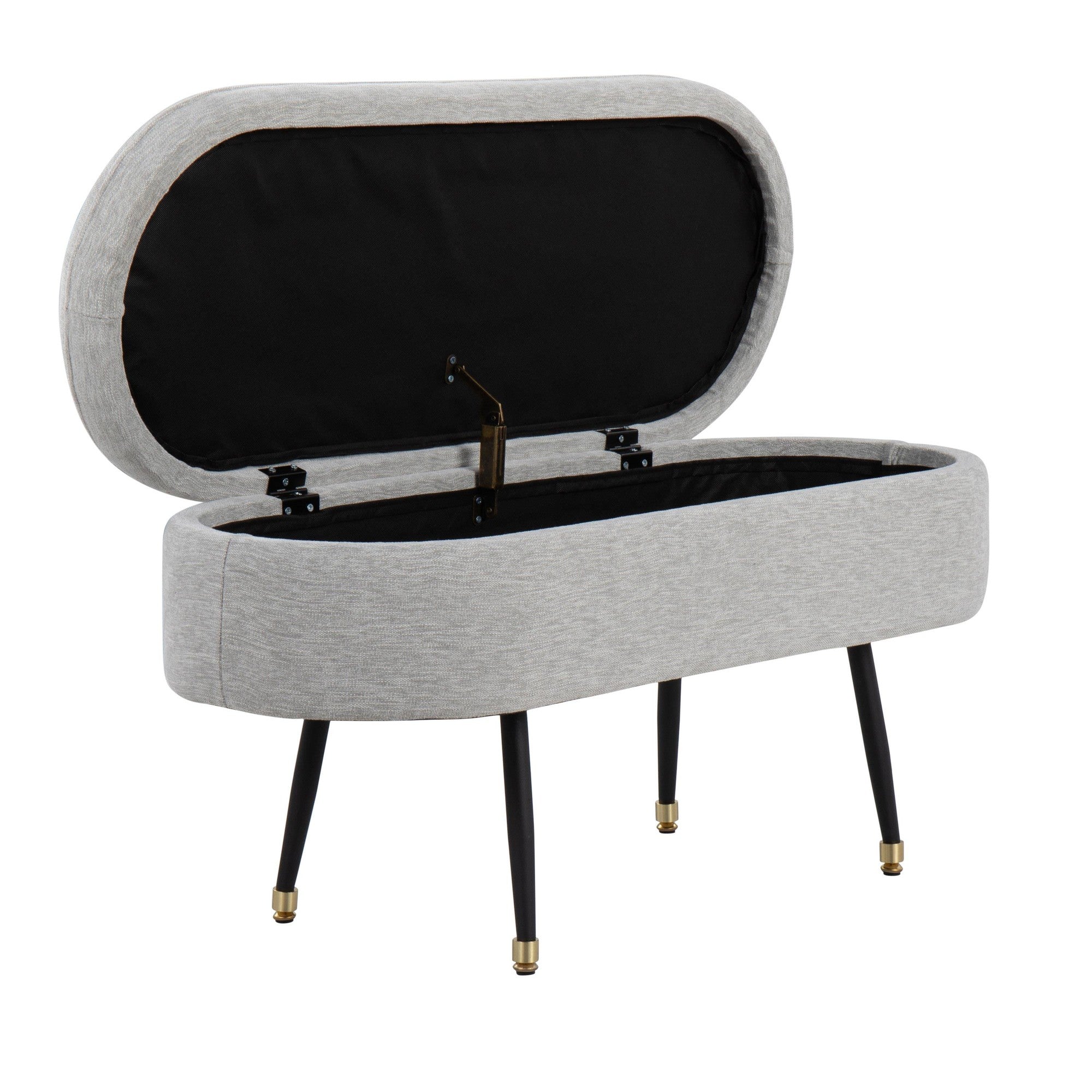 Harvey Storage Bench - Black Metal, Light Grey Fabric, Gold Accent