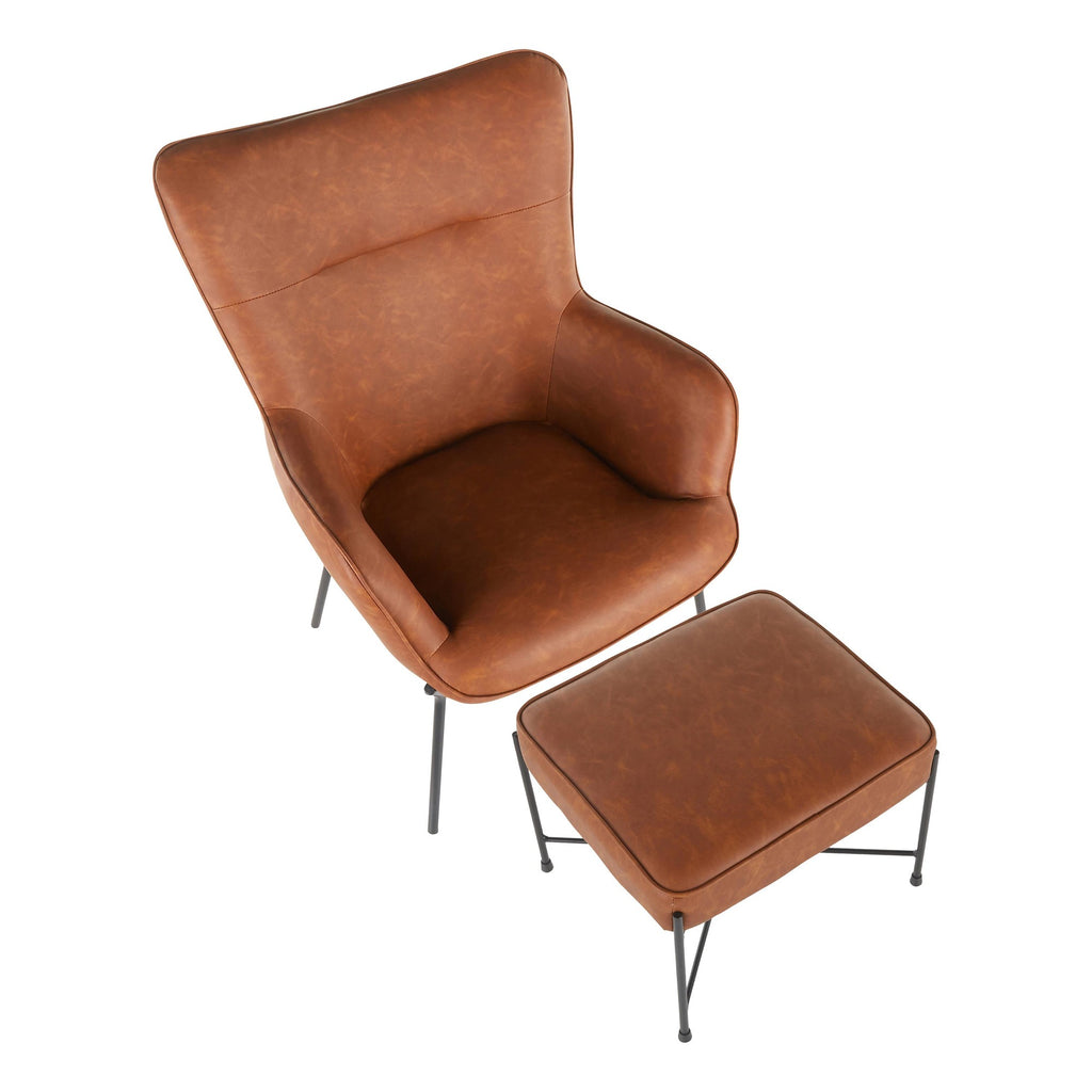 Izzy Lounge Chair + Ottoman Set - Black Metal, Camel PU
