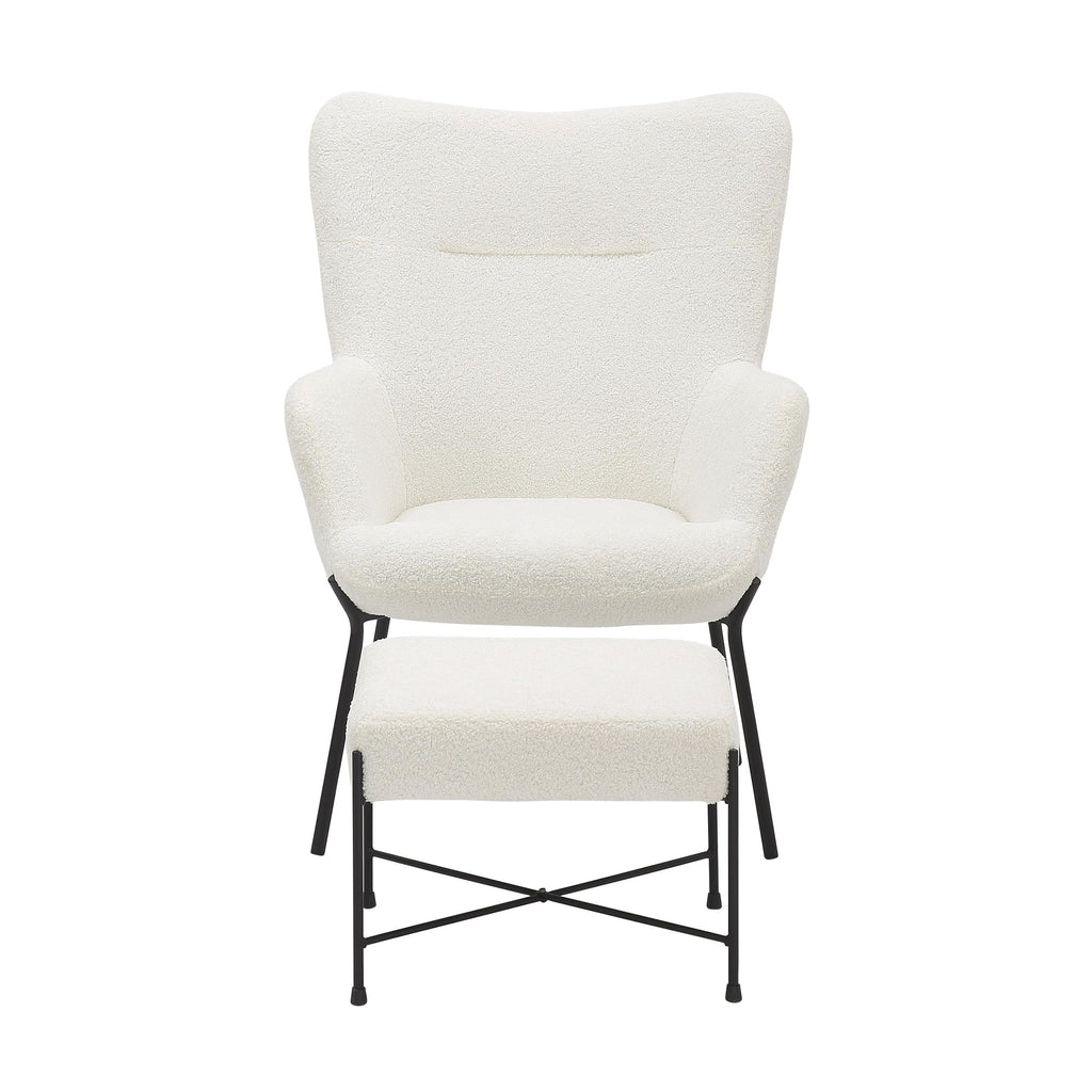 Izzy Lounge Chair + Ottoman Set - Black Metal, White Sherpa