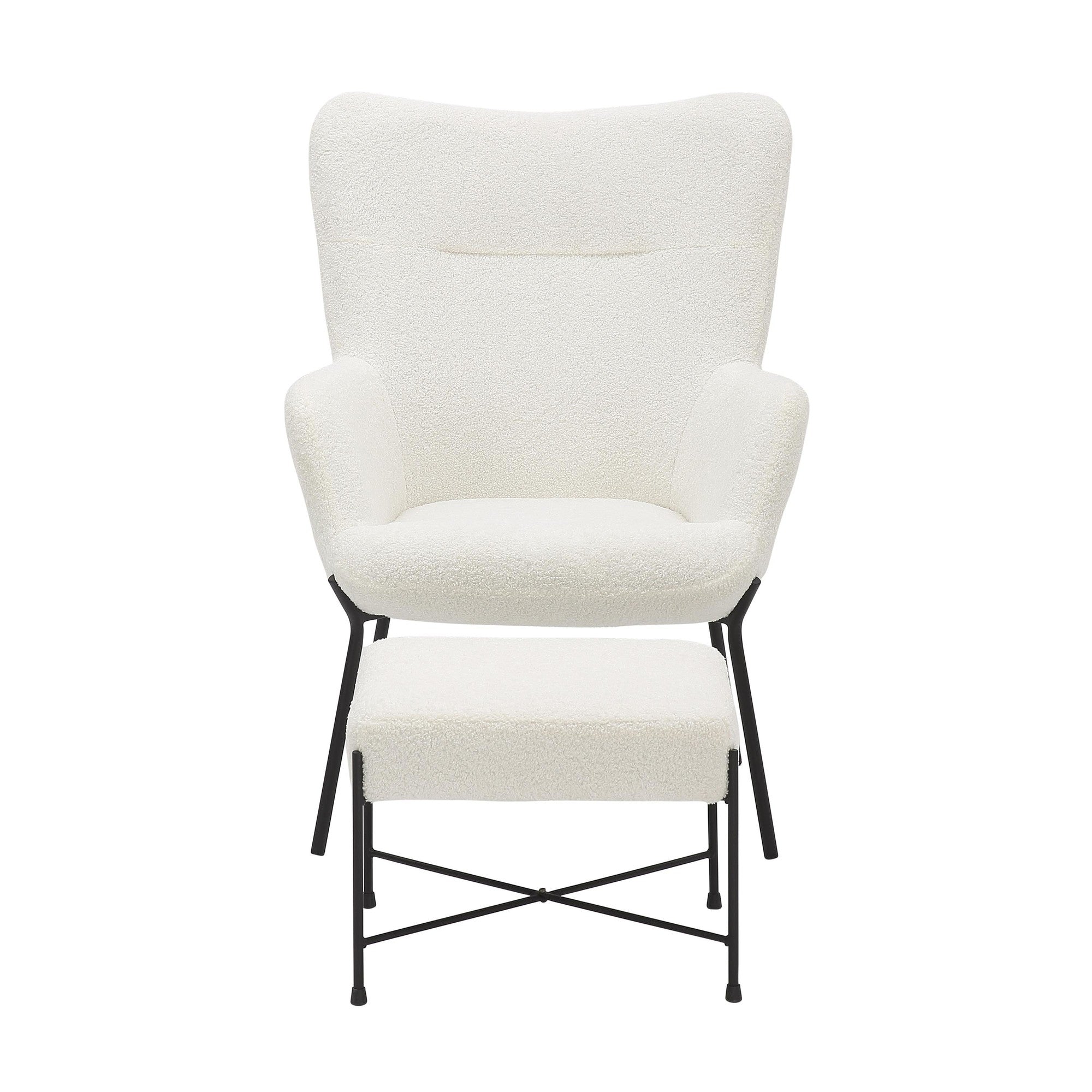 Izzy Lounge Chair + Ottoman Set - Black Metal, White Sherpa