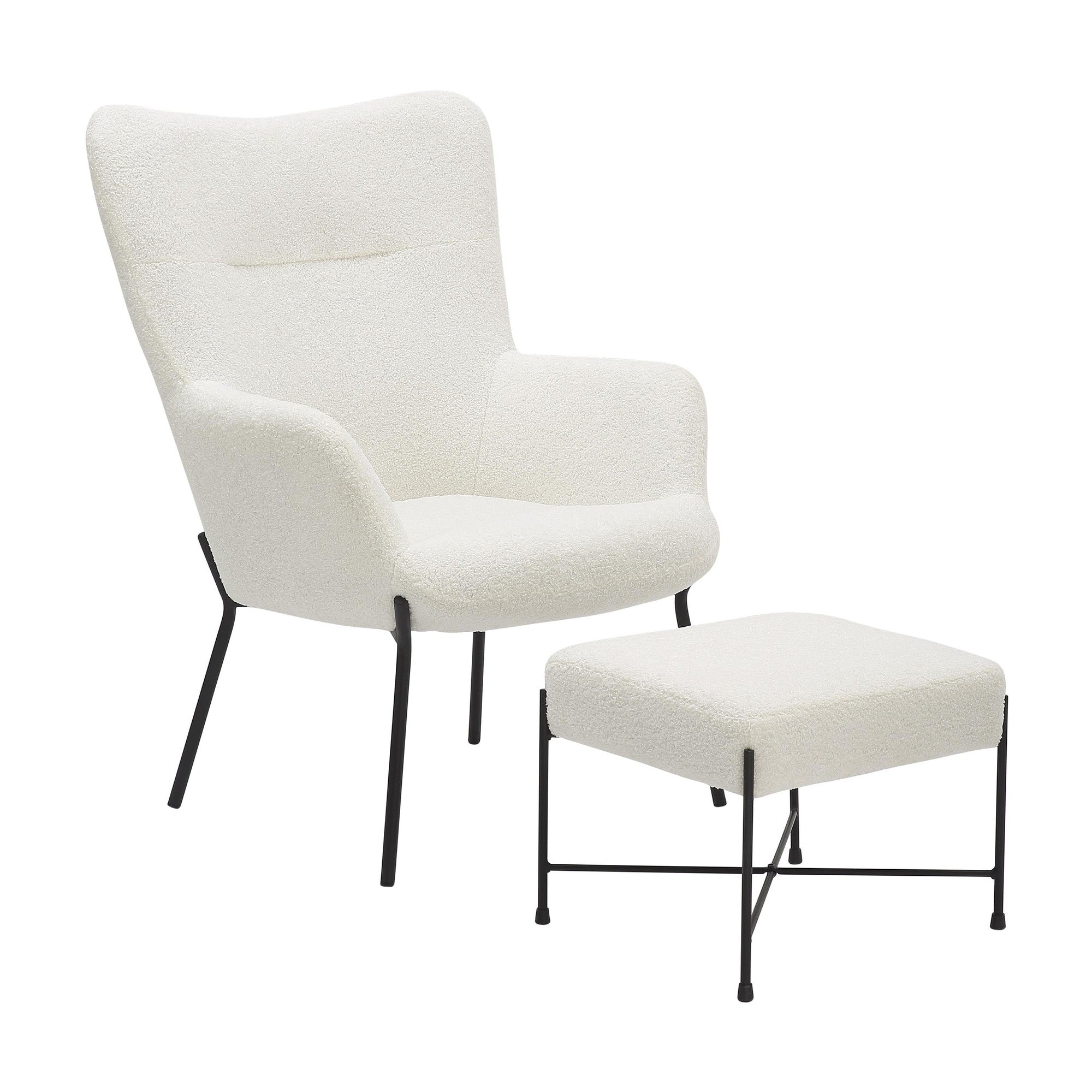 Izzy Lounge Chair + Ottoman Set - Black Metal, White Sherpa