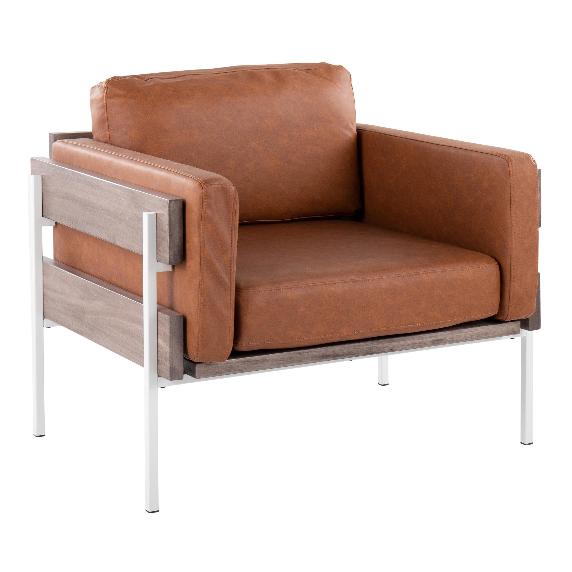 Kari Accent Chair - White Metal, Grey Wood, Camel PU