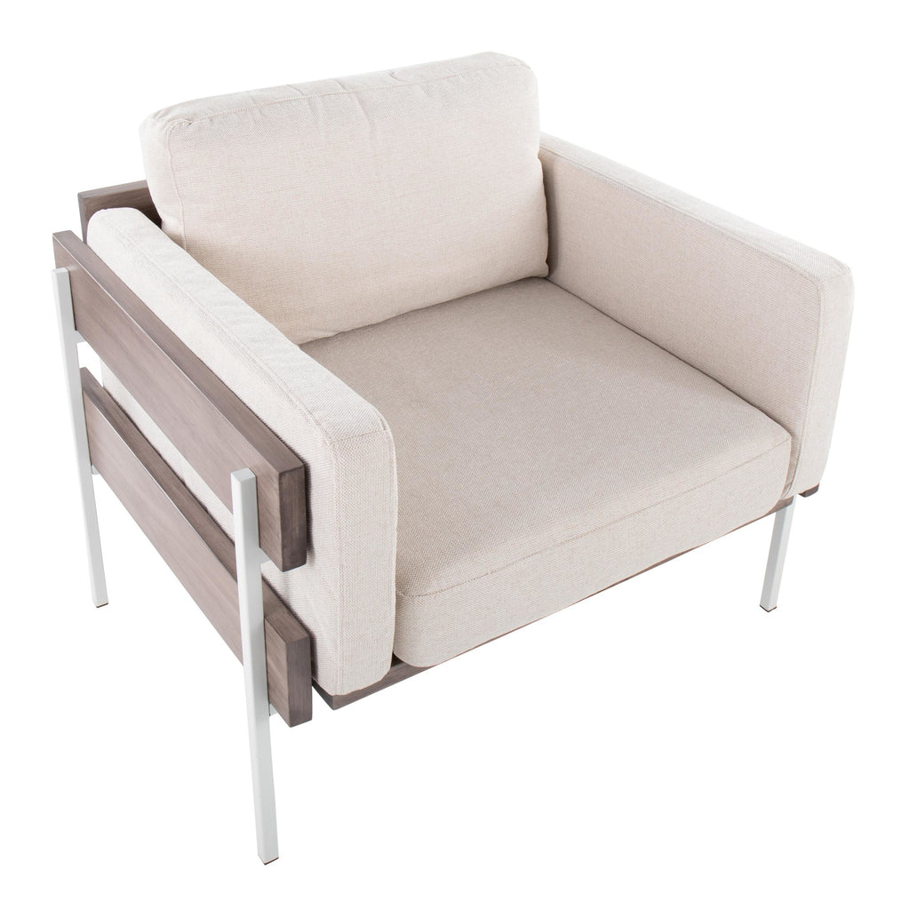 Kari Accent Chair - White Metal, Grey Wood, Cream Fabric