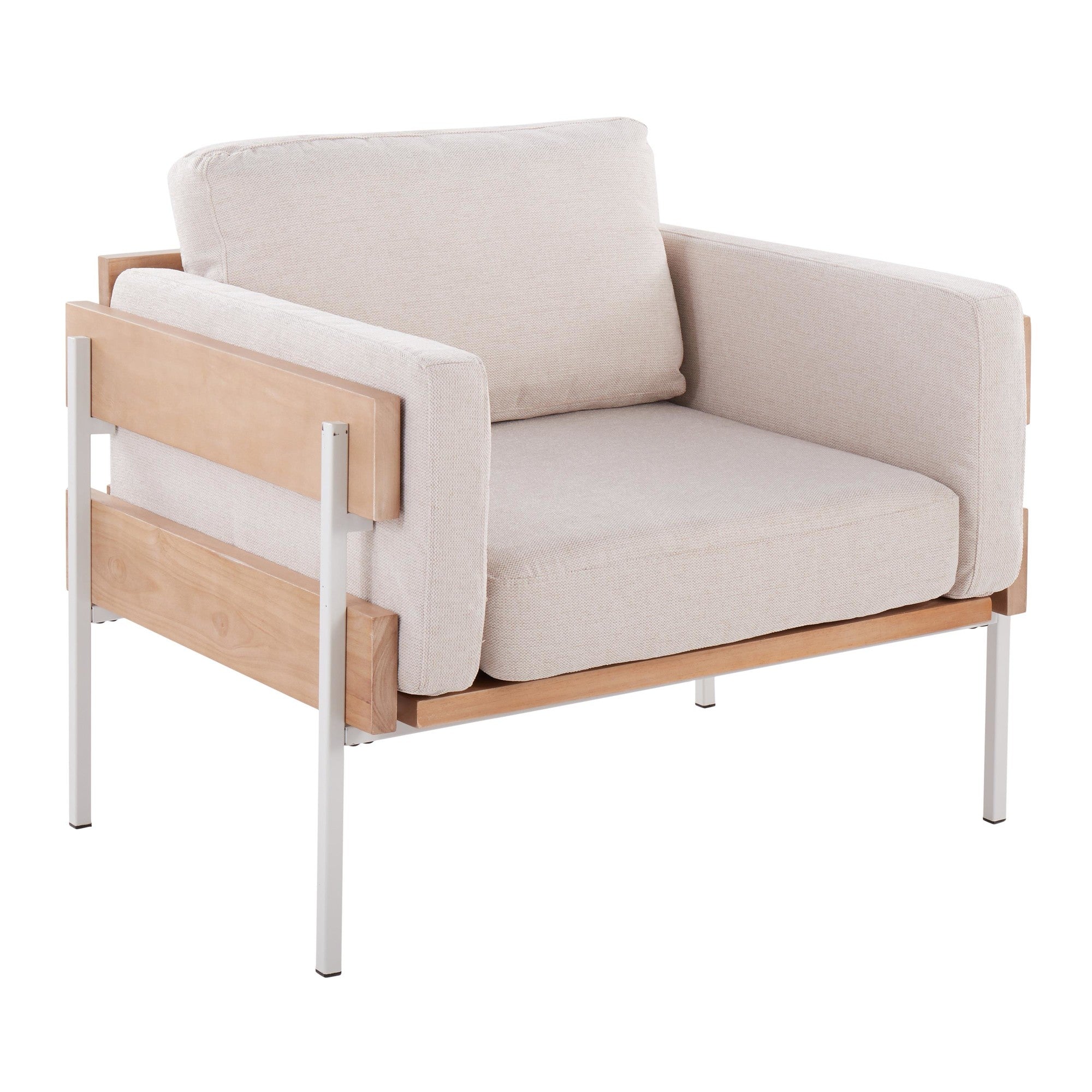 Kari Accent Chair - White Metal, Natural Wood, Cream Fabric