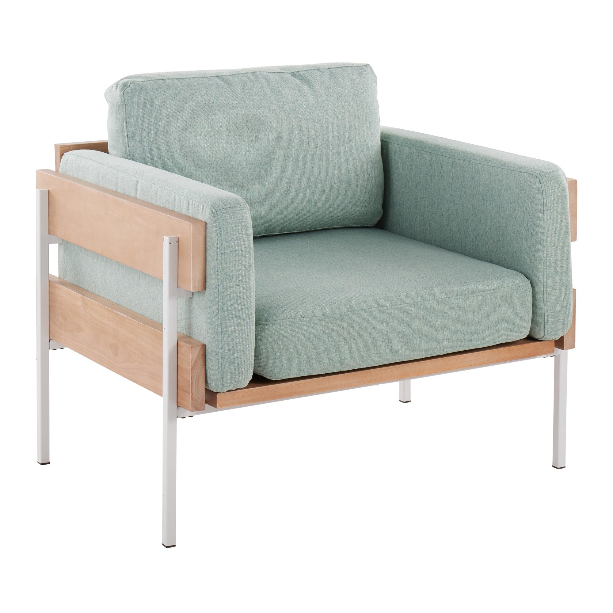 Kari Accent Chair - White Metal, Natural Wood, Light Green Fabric