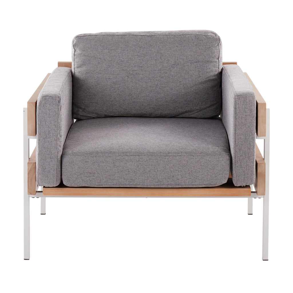 Kari Accent Chair - White Metal, Natural Wood, Light Grey Fabric