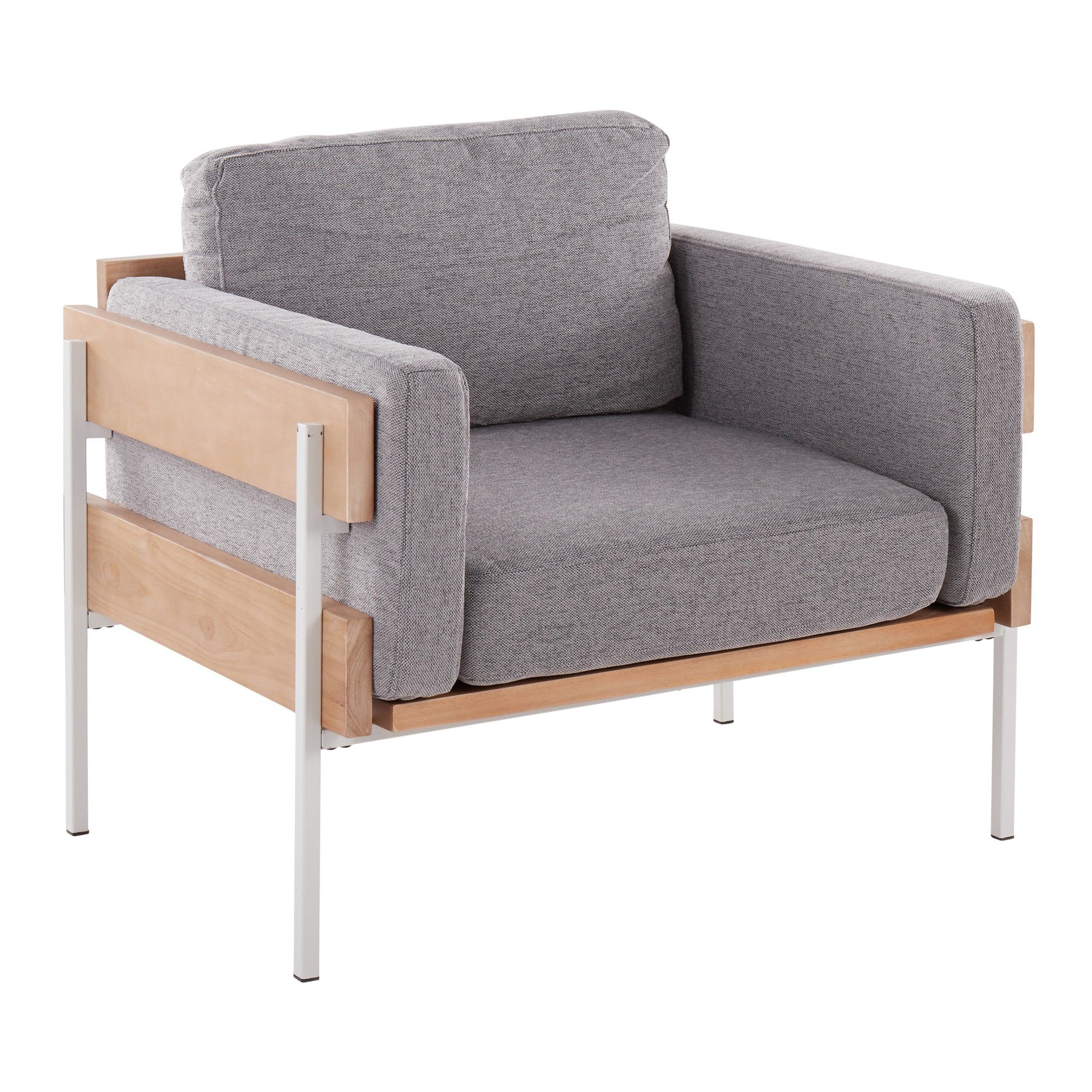 Kari Accent Chair - White Metal, Natural Wood, Light Grey Fabric