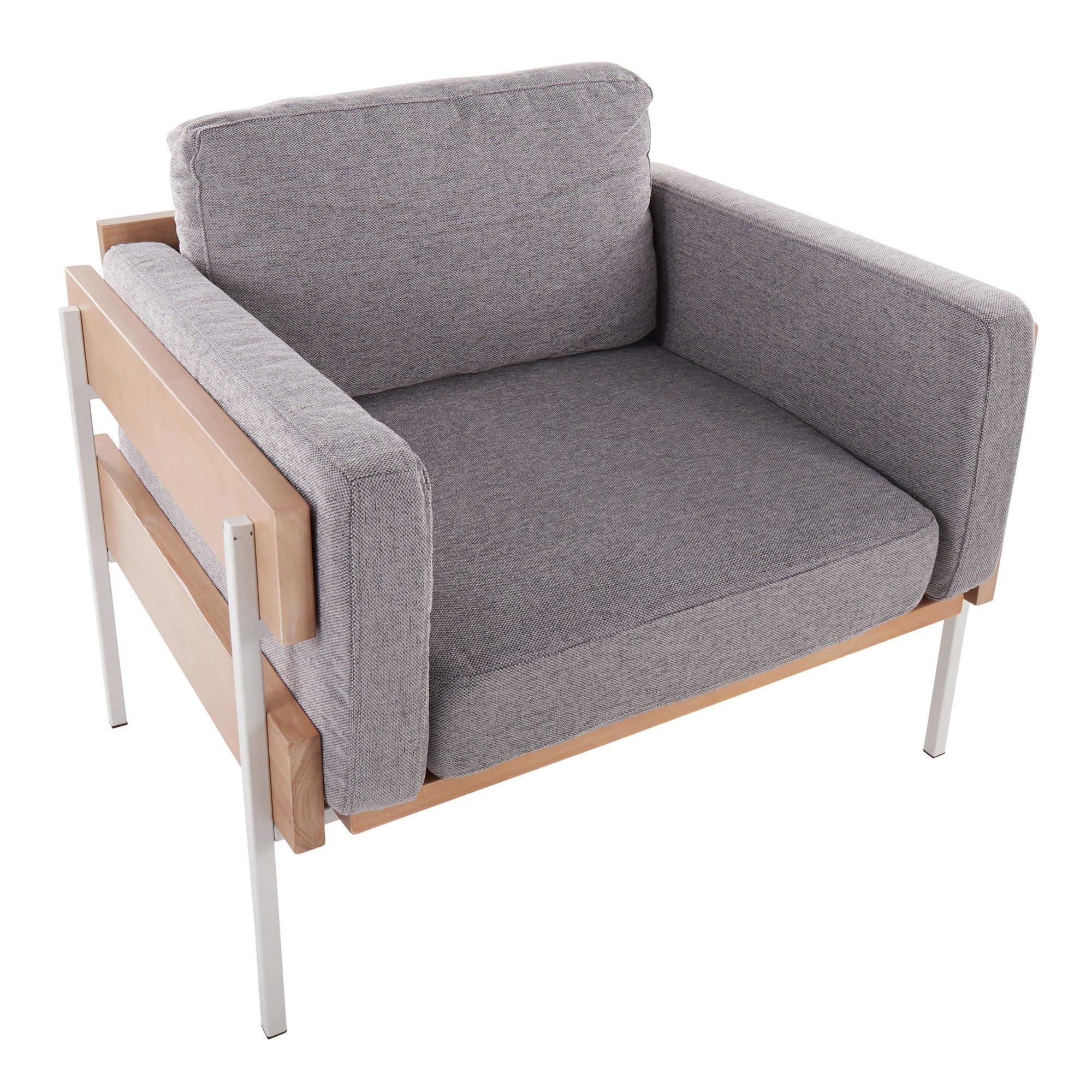 Kari Accent Chair - White Metal, Natural Wood, Light Grey Fabric