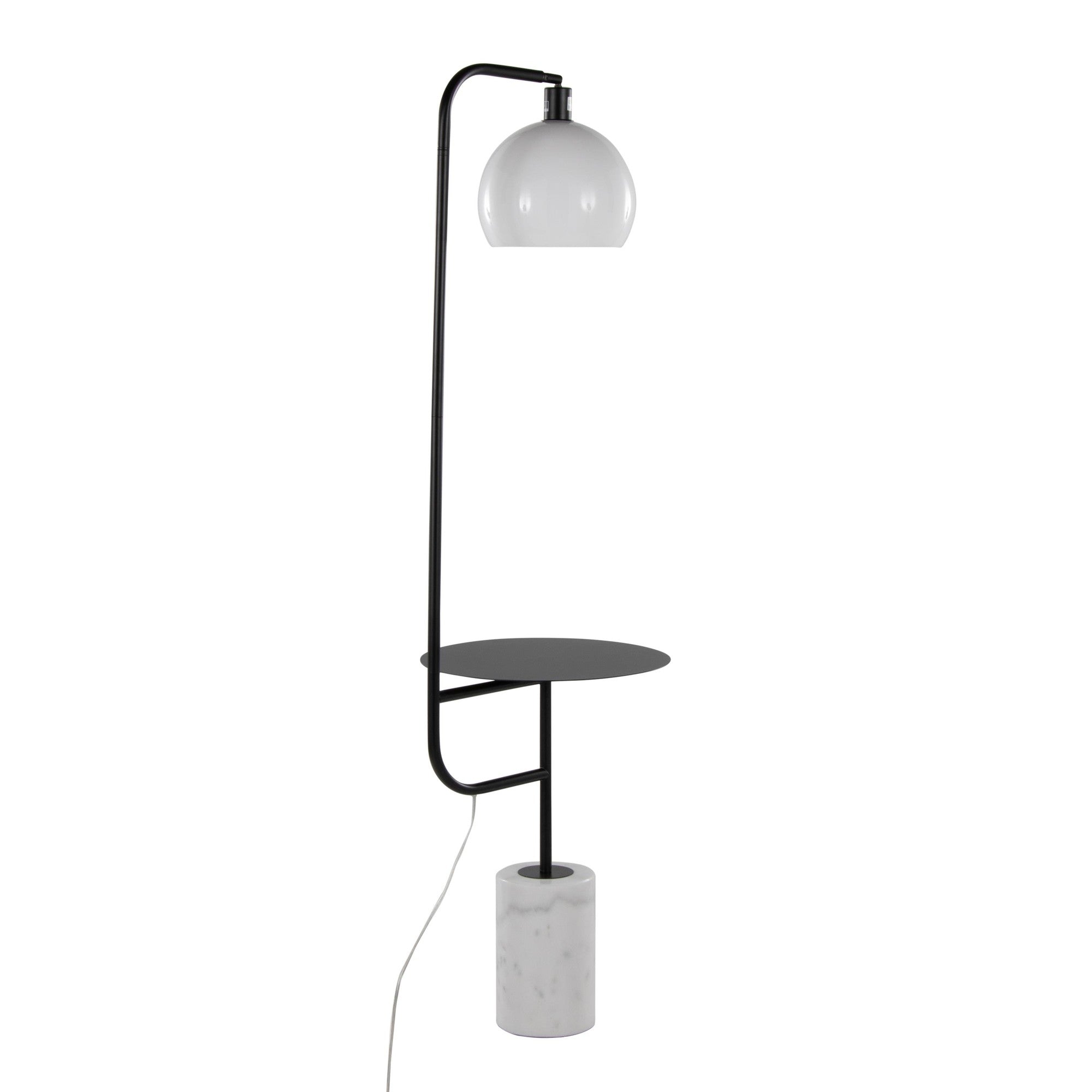 Symbol 66" Metal Floor Lamp With Side Table - Black Metal, White Marble, White Glass