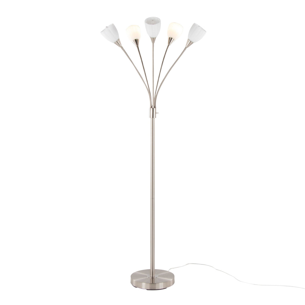 Medusa®  71" Metal Floor Lamp 5 Arm - Brushed Nickel Finish, White Glass
