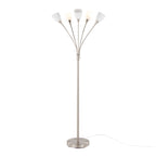 Medusa®  71" Metal Floor Lamp 5 Arm - Brushed Nickel Finish, White Glass