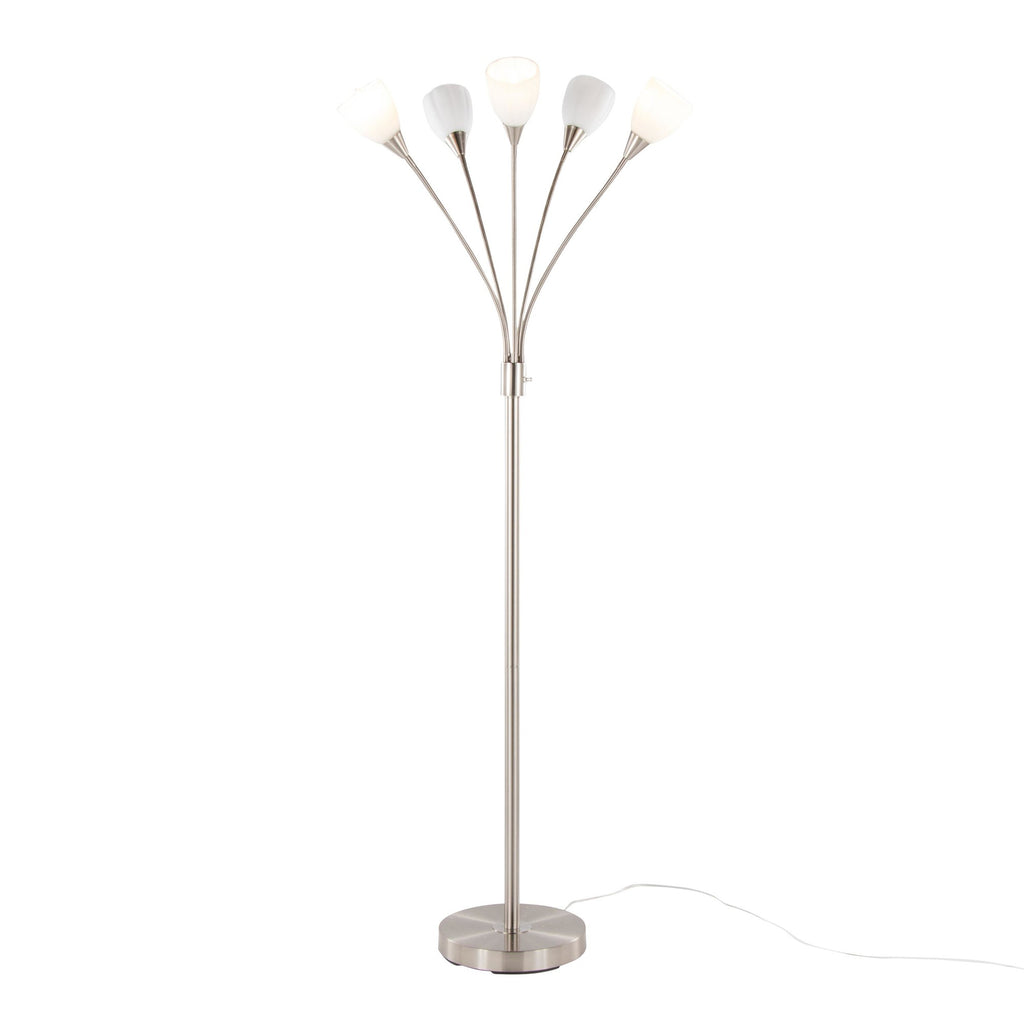 Medusa®  71" Metal Floor Lamp 5 Arm - Brushed Nickel Finish, White Glass