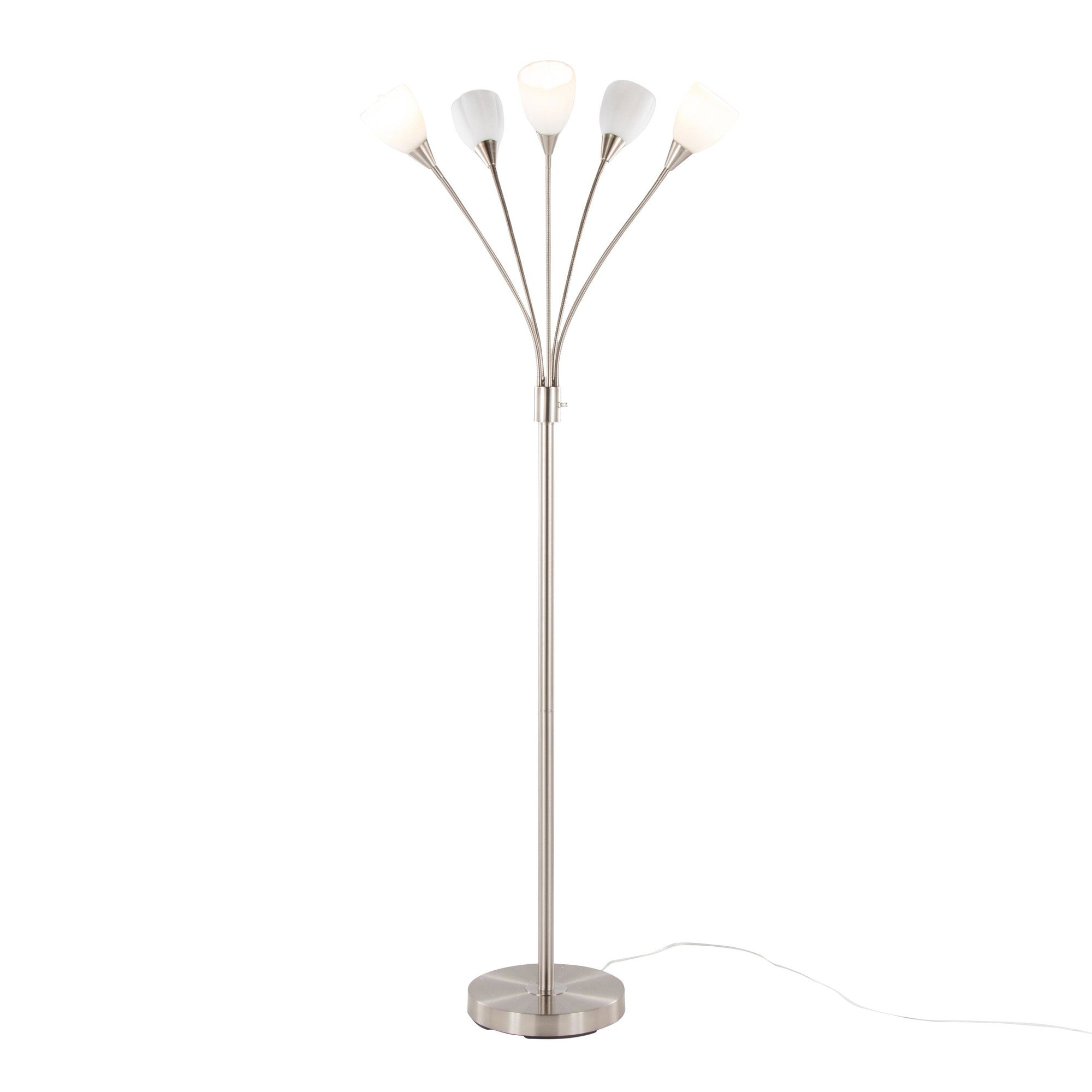 Medusa®  71" Metal Floor Lamp 5 Arm - Brushed Nickel Finish, White Glass