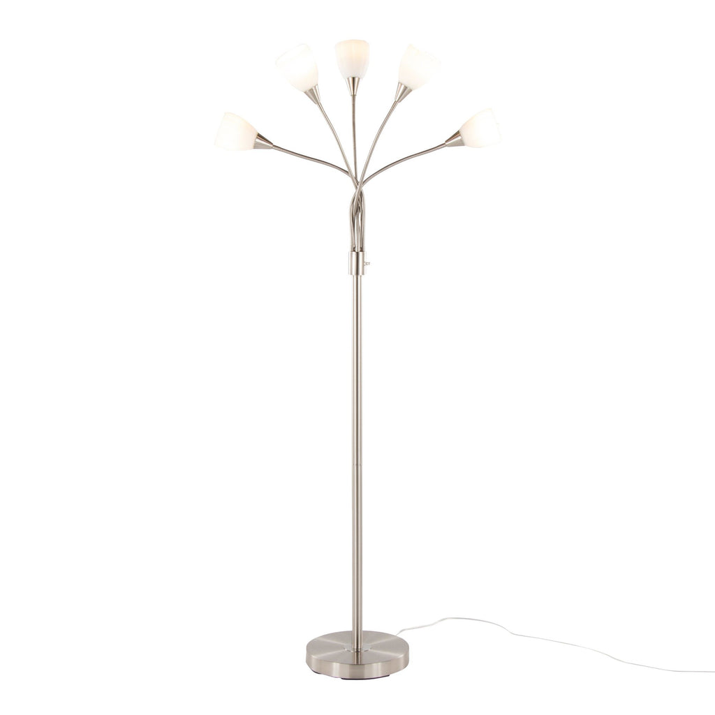 Medusa®  71" Metal Floor Lamp 5 Arm - Brushed Nickel Finish, White Glass