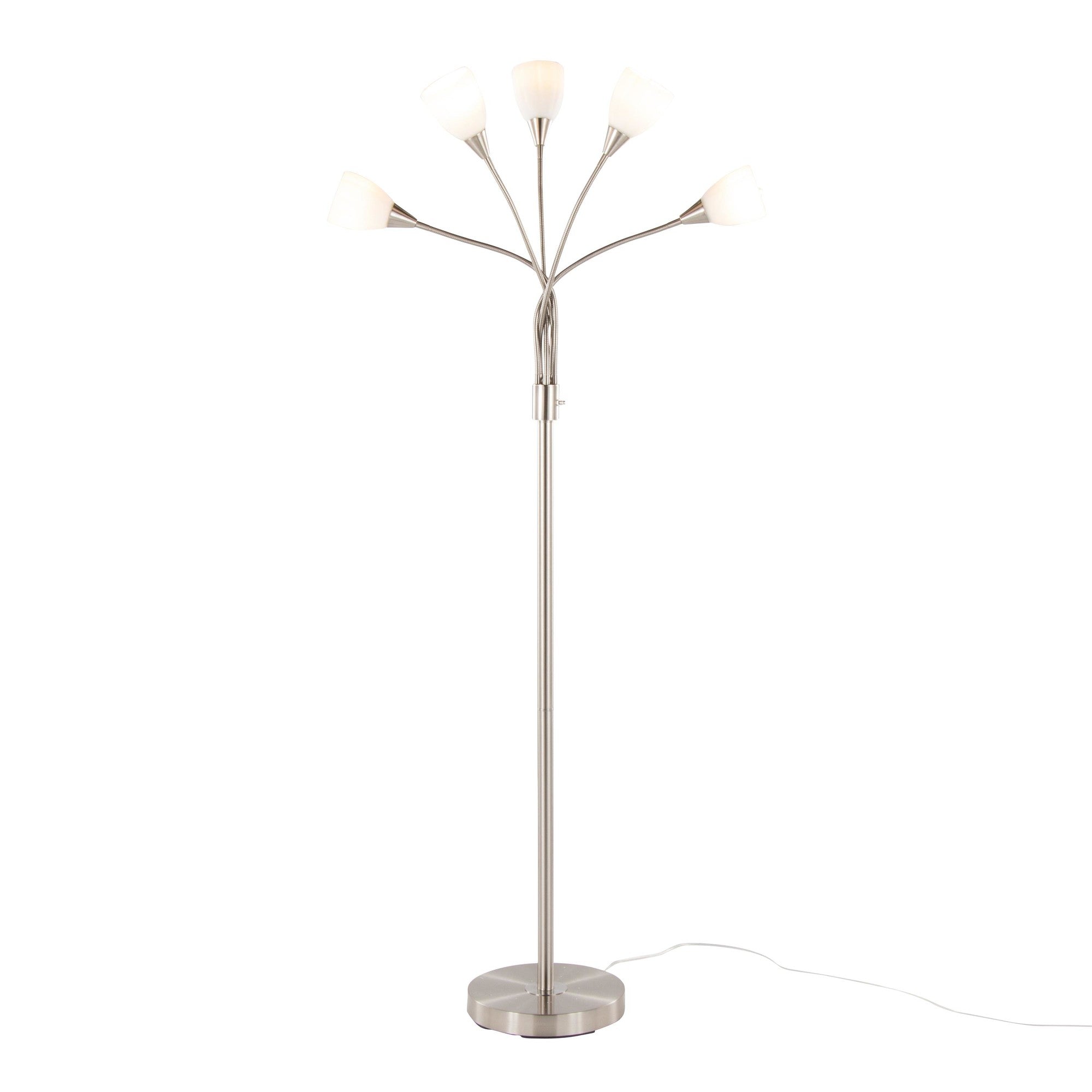 Medusa®  71" Metal Floor Lamp 5 Arm - Brushed Nickel Finish, White Glass