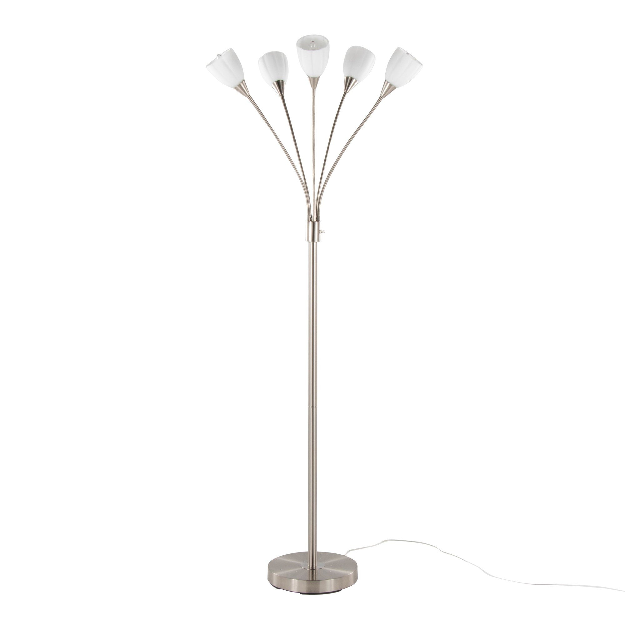Medusa®  71" Metal Floor Lamp 5 Arm - Brushed Nickel Finish, White Glass