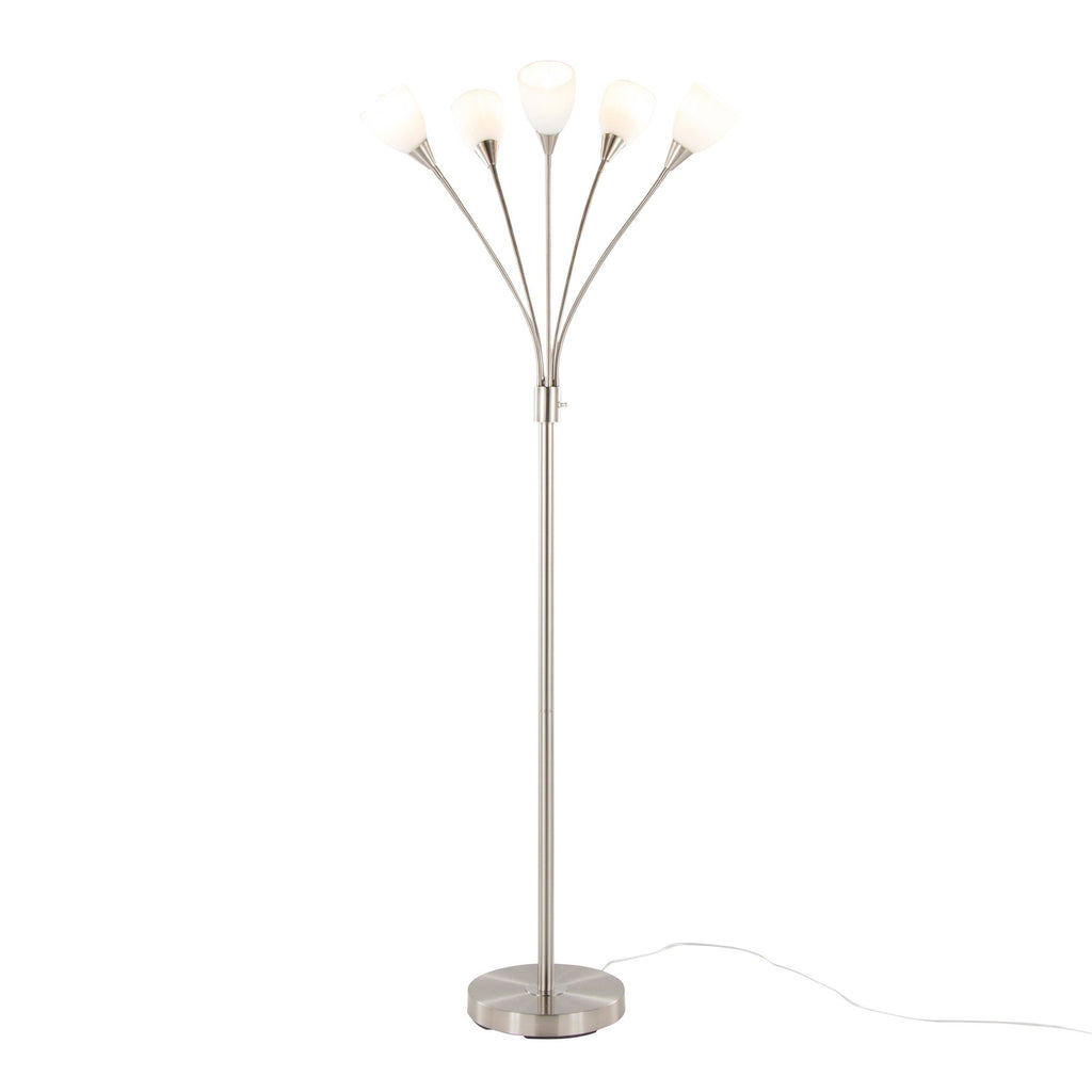 Medusa®  71" Metal Floor Lamp 5 Arm - Brushed Nickel Finish, White Glass