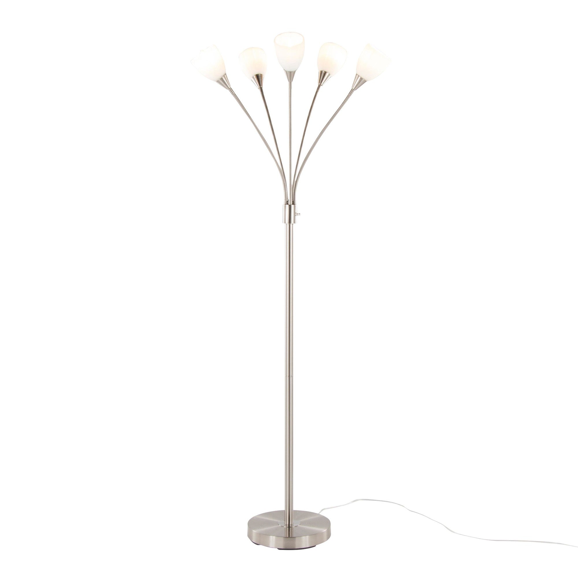 Medusa®  71" Metal Floor Lamp 5 Arm - Brushed Nickel Finish, White Glass