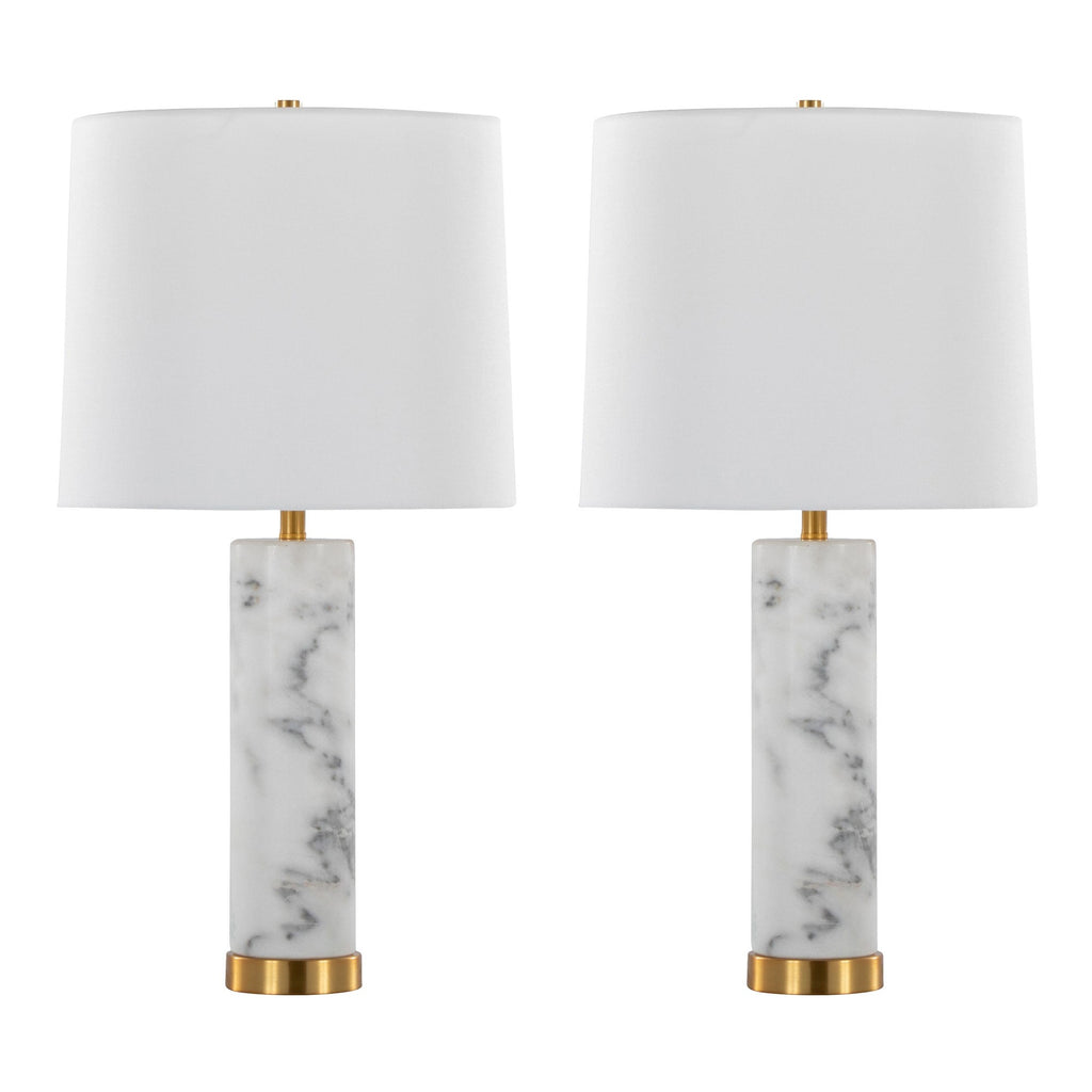 Marbella 26" Marble Table Lamp - Set of 2 - White Marble, Brass Metal, White Linen