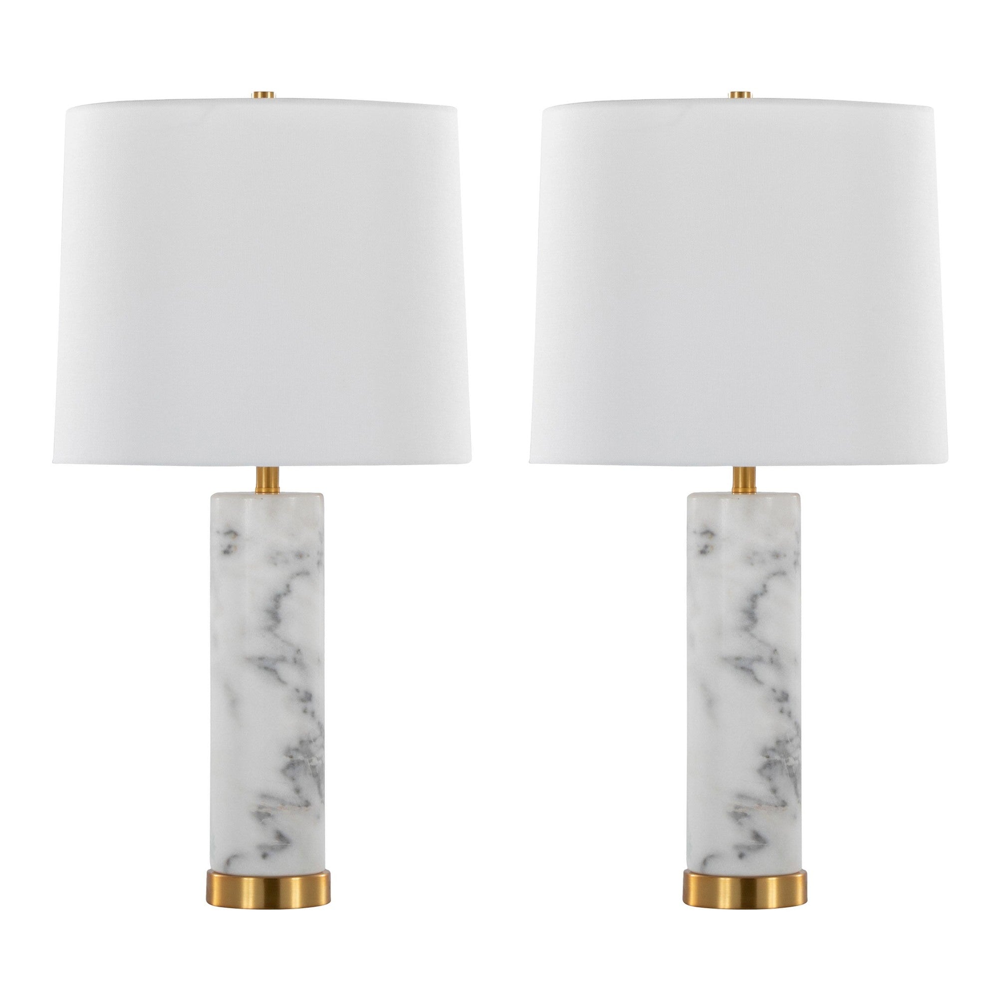 Marbella 26" Marble Table Lamp - Set of 2 - White Marble, Brass Metal, White Linen
