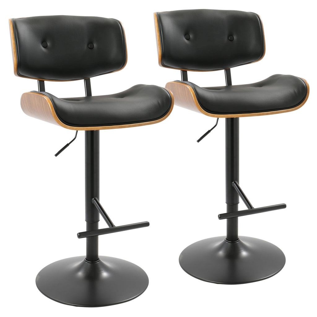 Lombardi Adjustable Barstool - Set of 2 - Black Metal, Walnut Wood, Black PU