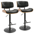 Lombardi Adjustable Barstool - Set of 2 - Black Metal, Walnut Wood, Black PU