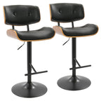 Lombardi Adjustable Barstool - Set of 2 - Black Metal, Walnut Wood, Black PU