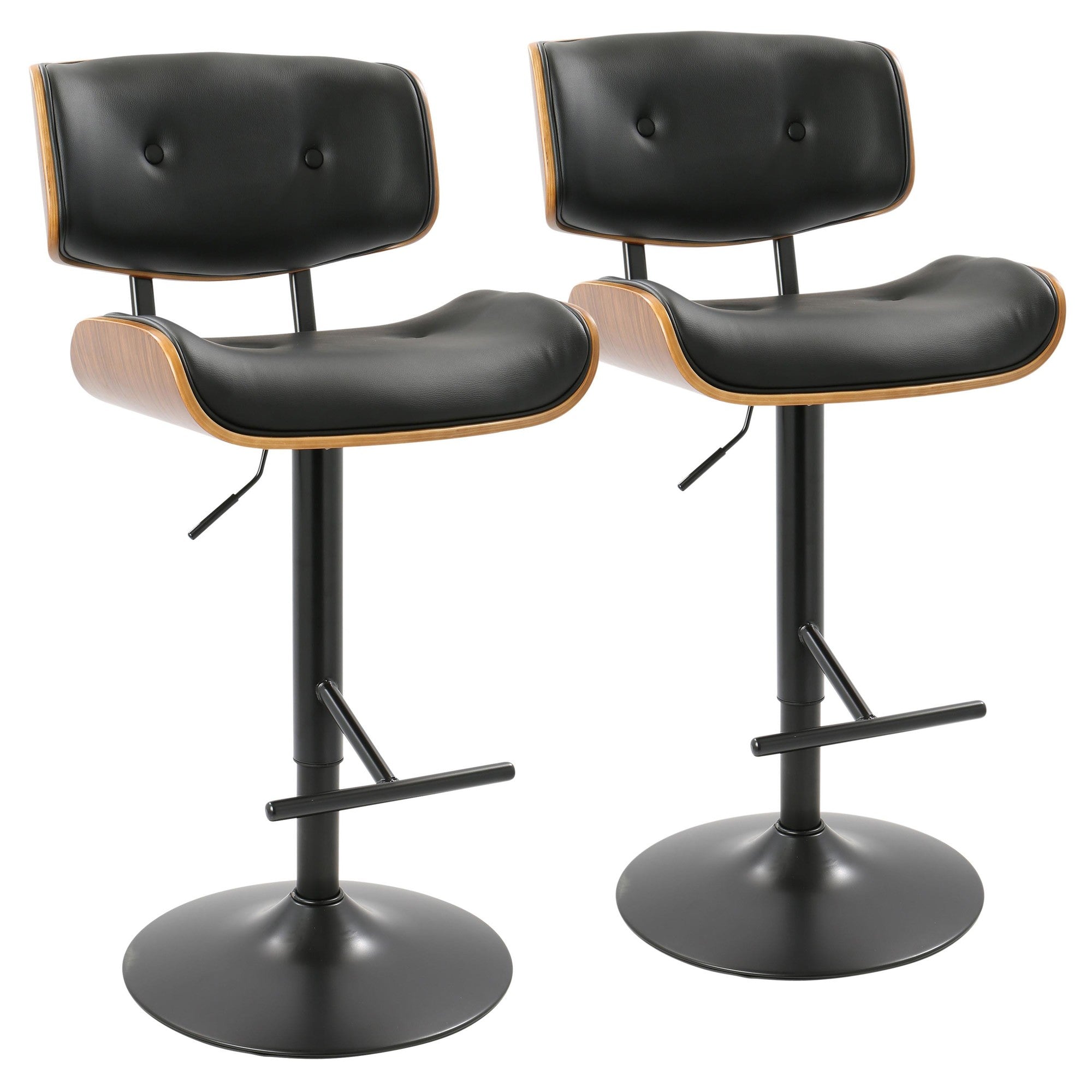Lombardi Adjustable Barstool - Set of 2 - Black Metal, Walnut Wood, Black PU