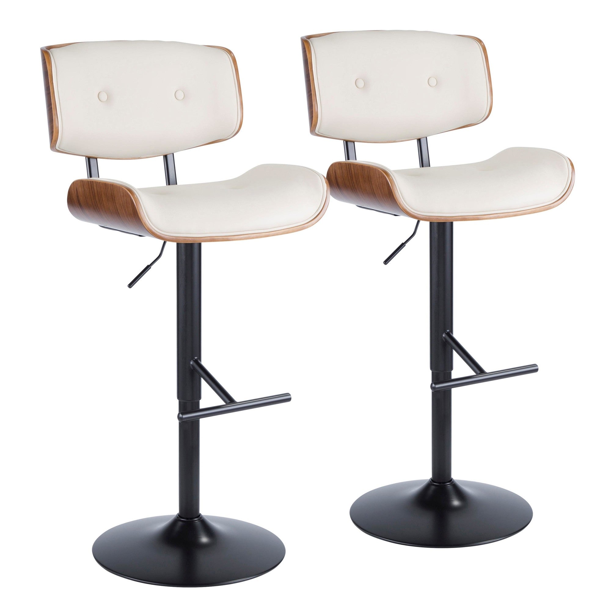 Lombardi Adjustable Barstool - Set of 2 - Black Metal, Walnut Wood, Cream PU