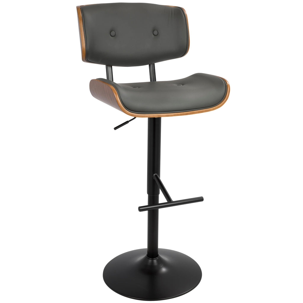 Lombardi Adjustable Barstool - Set of 2 - Black Metal, Walnut Wood, Grey PU