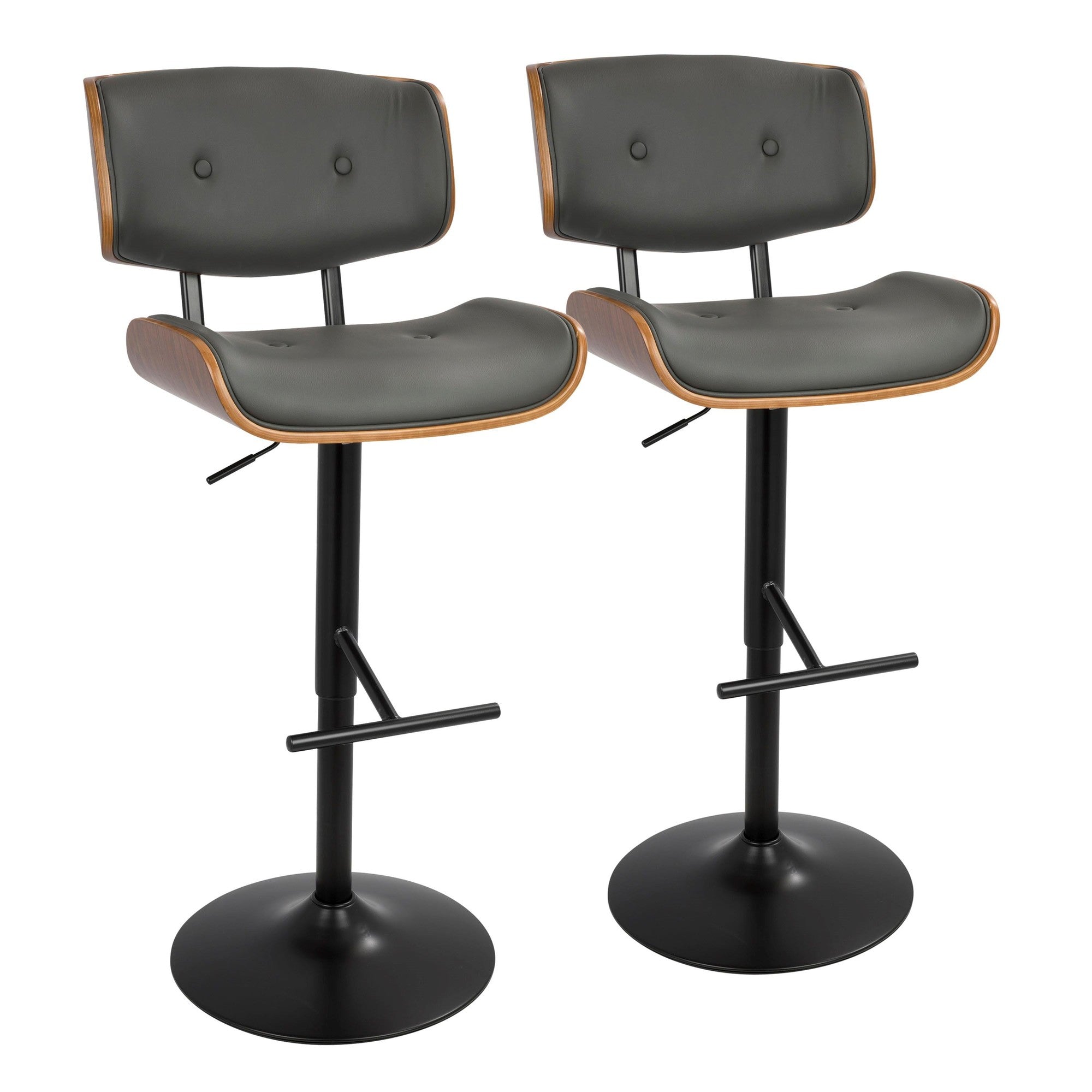Lombardi Adjustable Barstool - Set of 2 - Black Metal, Walnut Wood, Grey PU